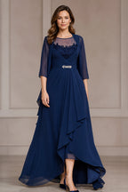 Navy Mother of the Bride Dress with illusion neckline, lace bodice, sheer three-quarter sleeves and floor-length A-line skirt front view