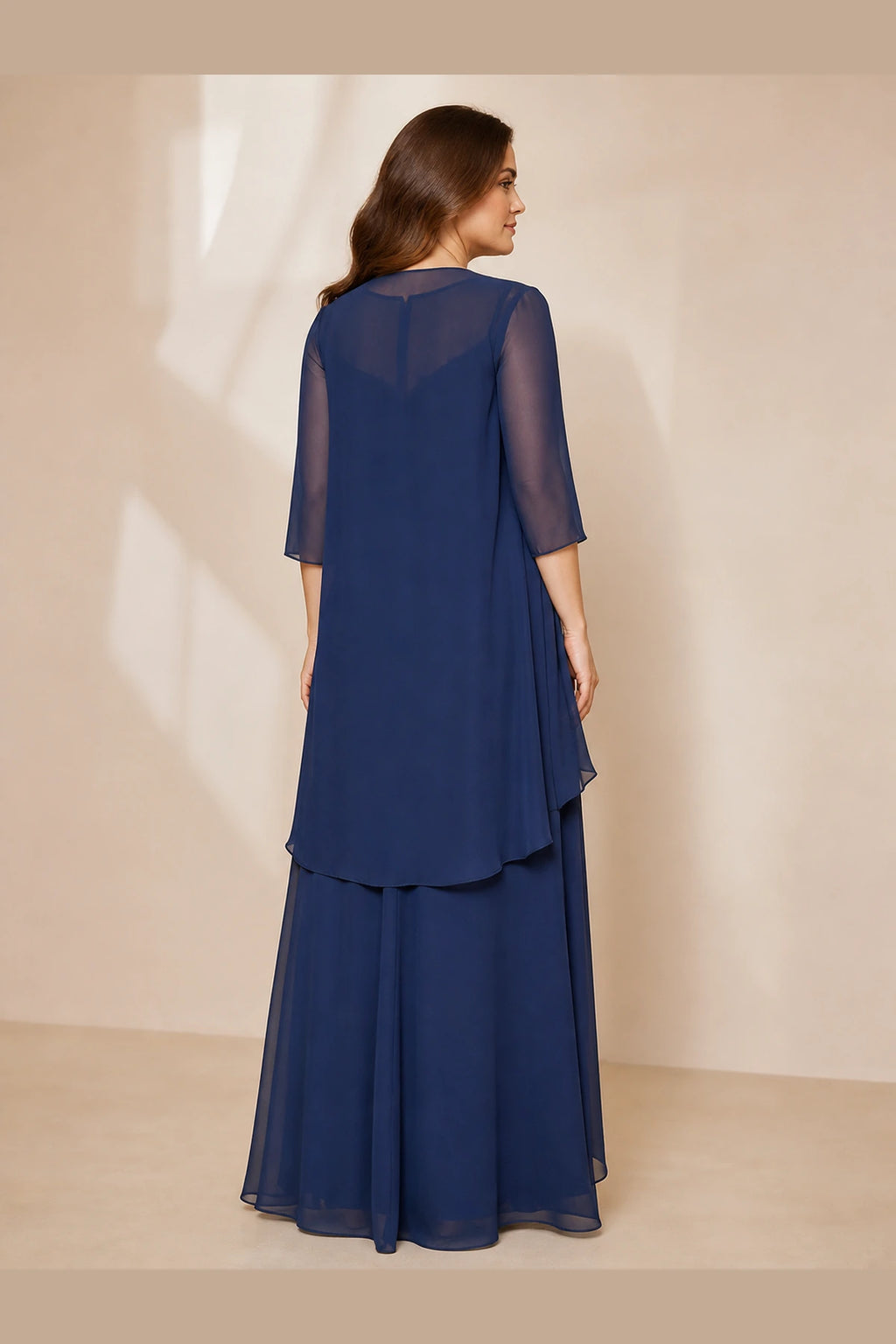 Navy floor-length Mother of the Bride Dress with sheer three-quarter sleeve overlay and flowing A-line back view