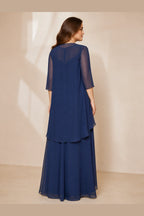 Navy floor-length Mother of the Bride Dress with sheer three-quarter sleeve overlay and flowing A-line back view