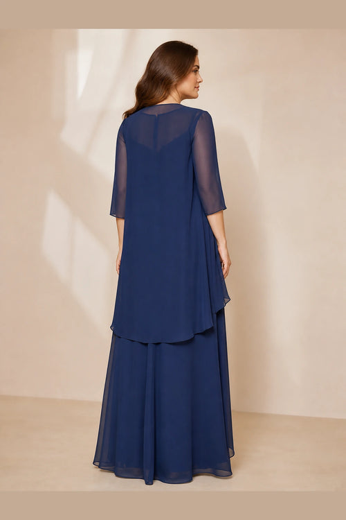 Navy floor-length Mother of the Bride Dress with sheer three-quarter sleeve overlay and flowing A-line back view