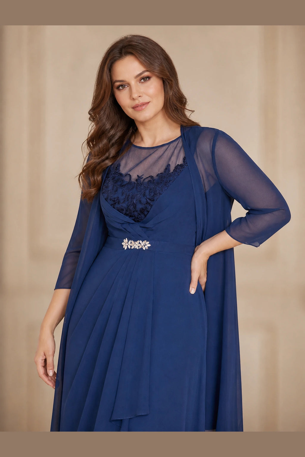 Refined A-Line Illusion Neck Three-Quarter Sleeve Overlay-Back Floor-Length Mother-of-the-Bride Dress