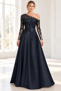 Navy A-line Mother of the Bride Dress with one-shoulder neckline, long lace sleeves and sequined floral bodice