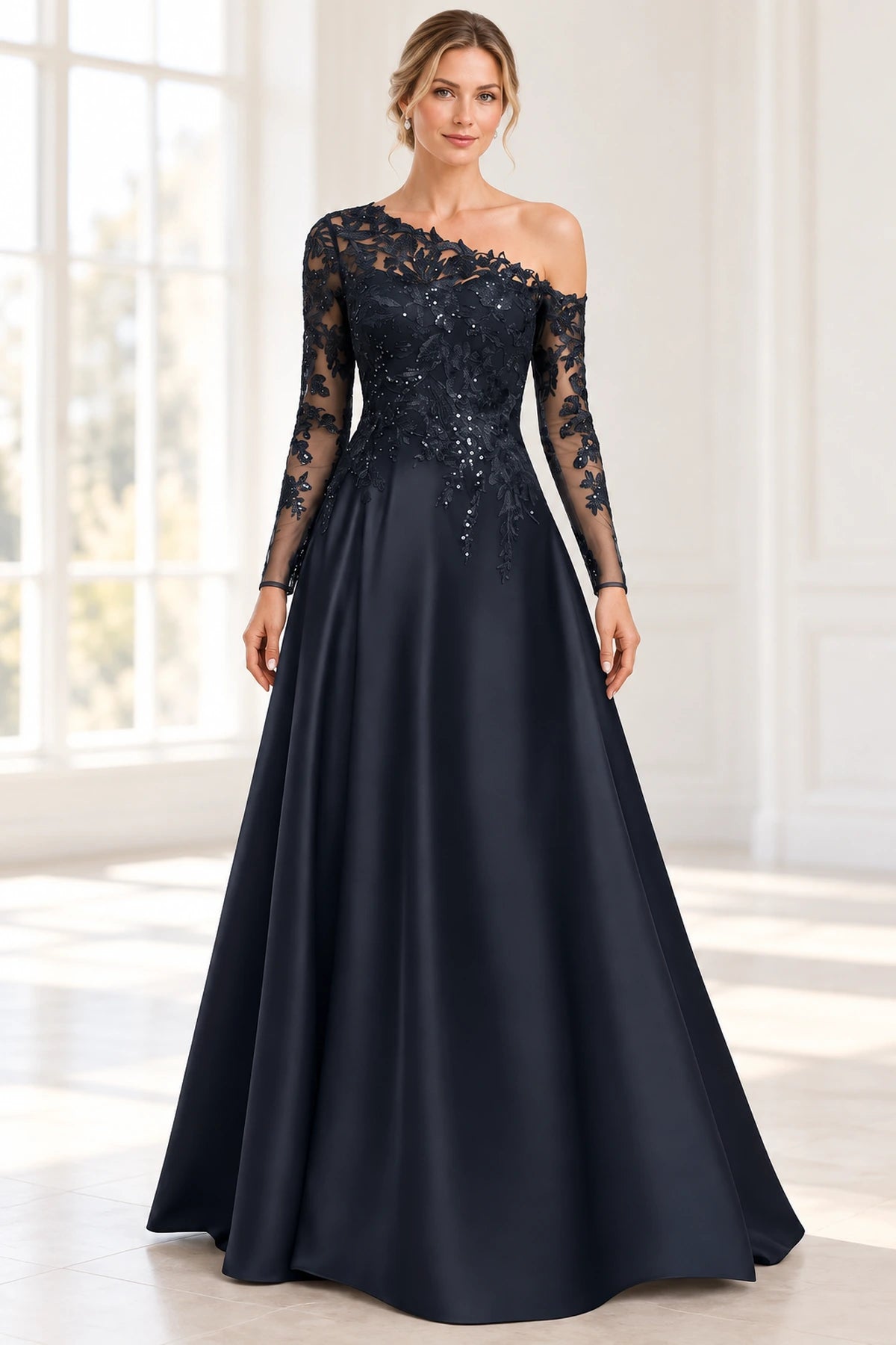 Navy A-line Mother of the Bride Dress with one-shoulder neckline, long lace sleeves and sequined floral bodice