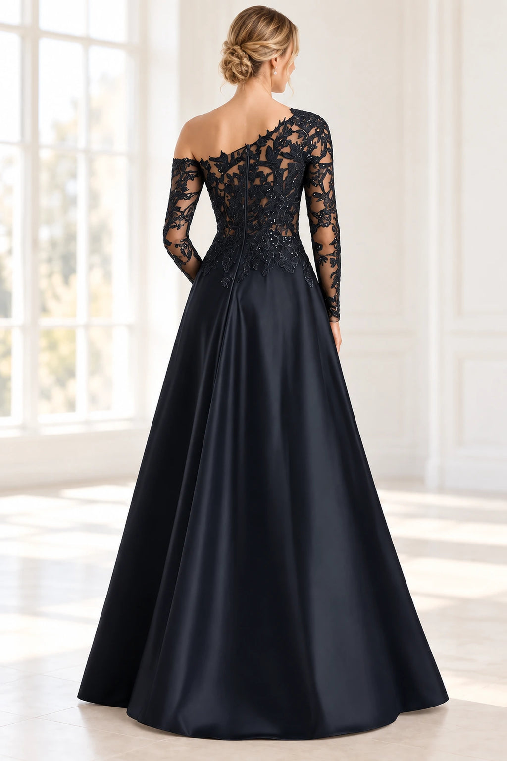 Back view of navy Mother of the Bride Dress with illusion lace back, long sleeves and floor-length A-line skirt