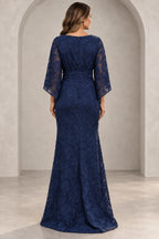 Back view of navy blue Mother of the Bride Dress with floral lace overlay, center zipper and floor-length sheath skirt