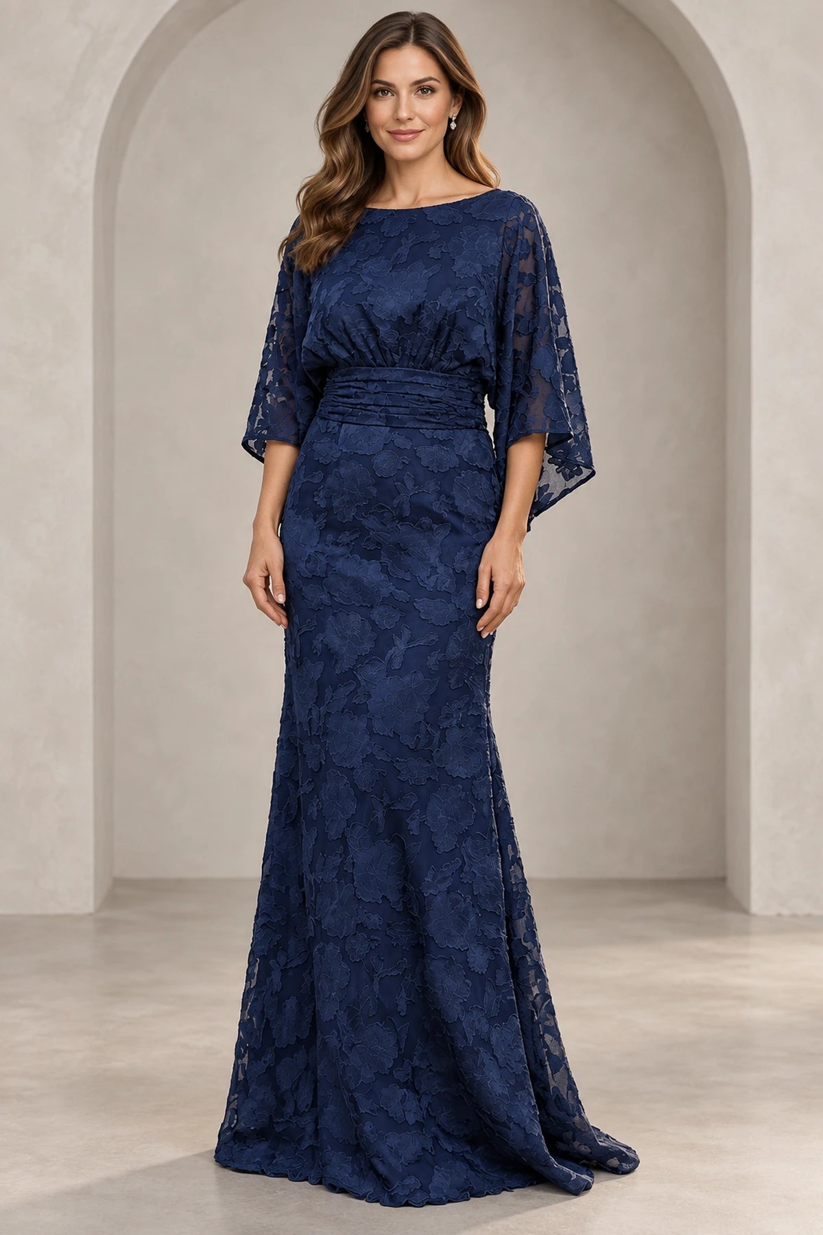 Navy blue sheath Mother of the Bride Dress with scoop neckline, three-quarter lace sleeves and ruched waist