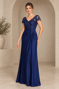 Navy lace mother of the bride dress with V neckline cap sleeves and A line floor length skirt