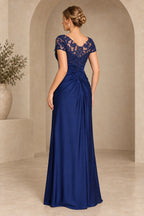 Navy mother of the bride dress with illusion lace V back and elegant floor length silhouette