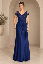 Elegant A Line V Neck Cap Sleeves Lace Illusion Back Floor Length Mother of the Bride Dress
