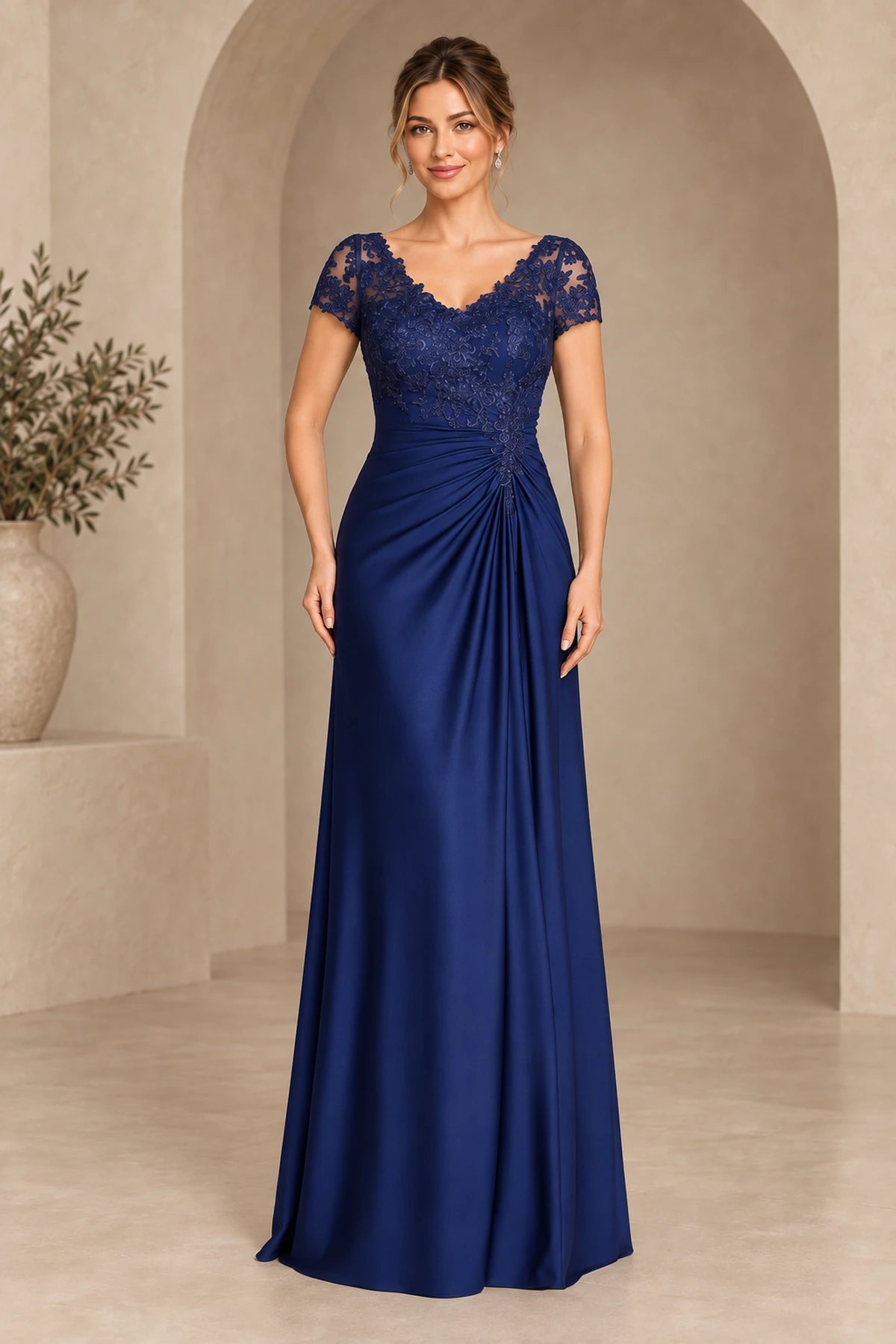 Elegant A Line V Neck Cap Sleeves Lace Illusion Back Floor Length Mother of the Bride Dress