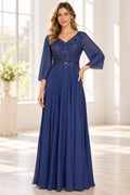 Navy blue A-line Mother of the Bride Dress with V-neck lace bodice and three-quarter sleeves