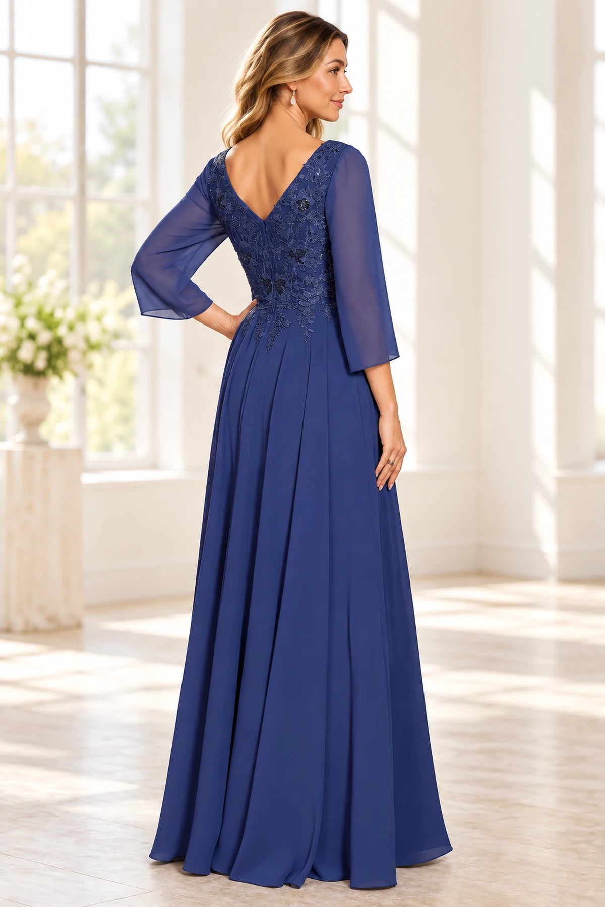 Navy blue Mother of the Bride Dress with lace V-back and flowing floor-length skirt