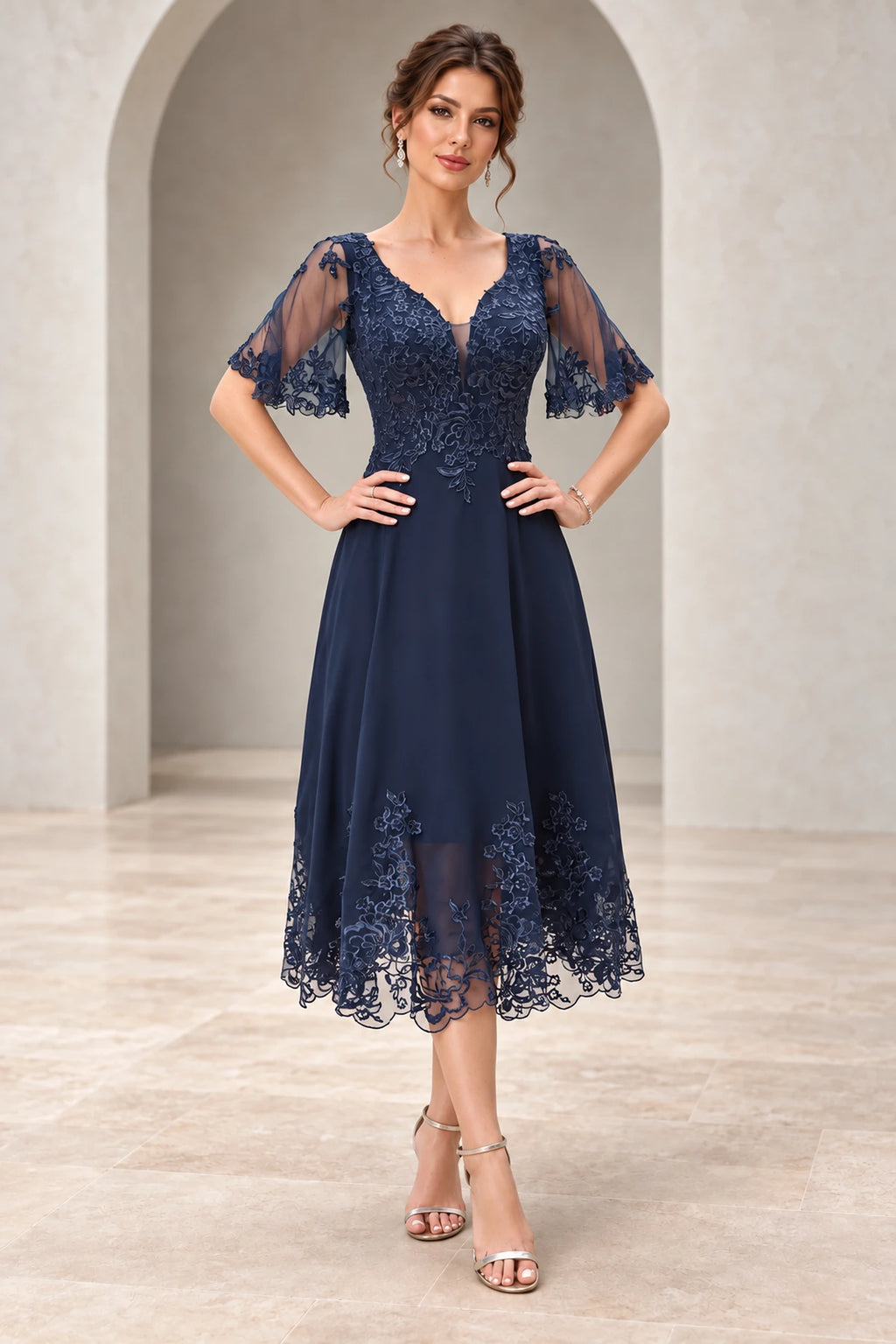 Elegant A-Line V Neck Short Sleeve Illusion Back Tea Length Mother of the Bride Dress