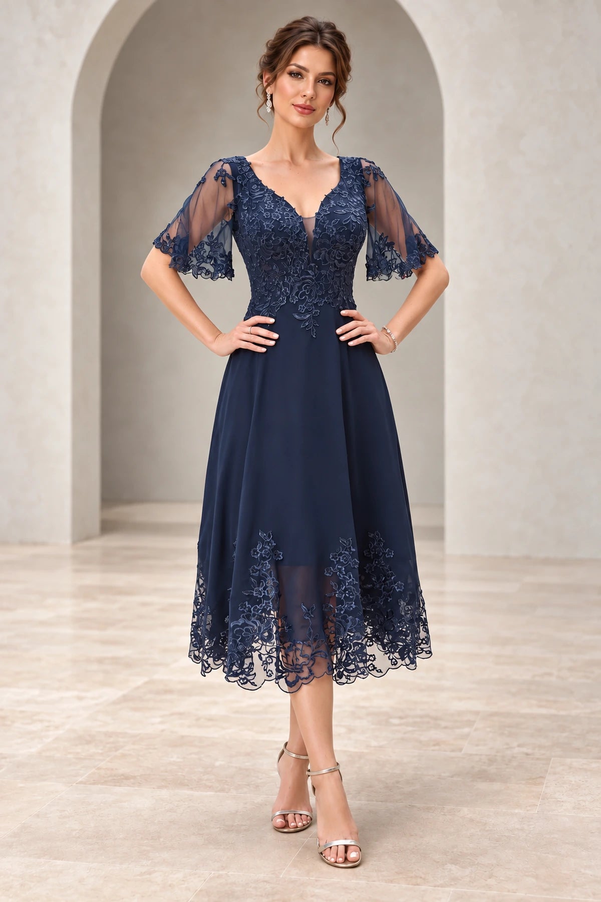 Elegant A-Line V Neck Short Sleeve Illusion Back Tea Length Mother of the Bride Dress