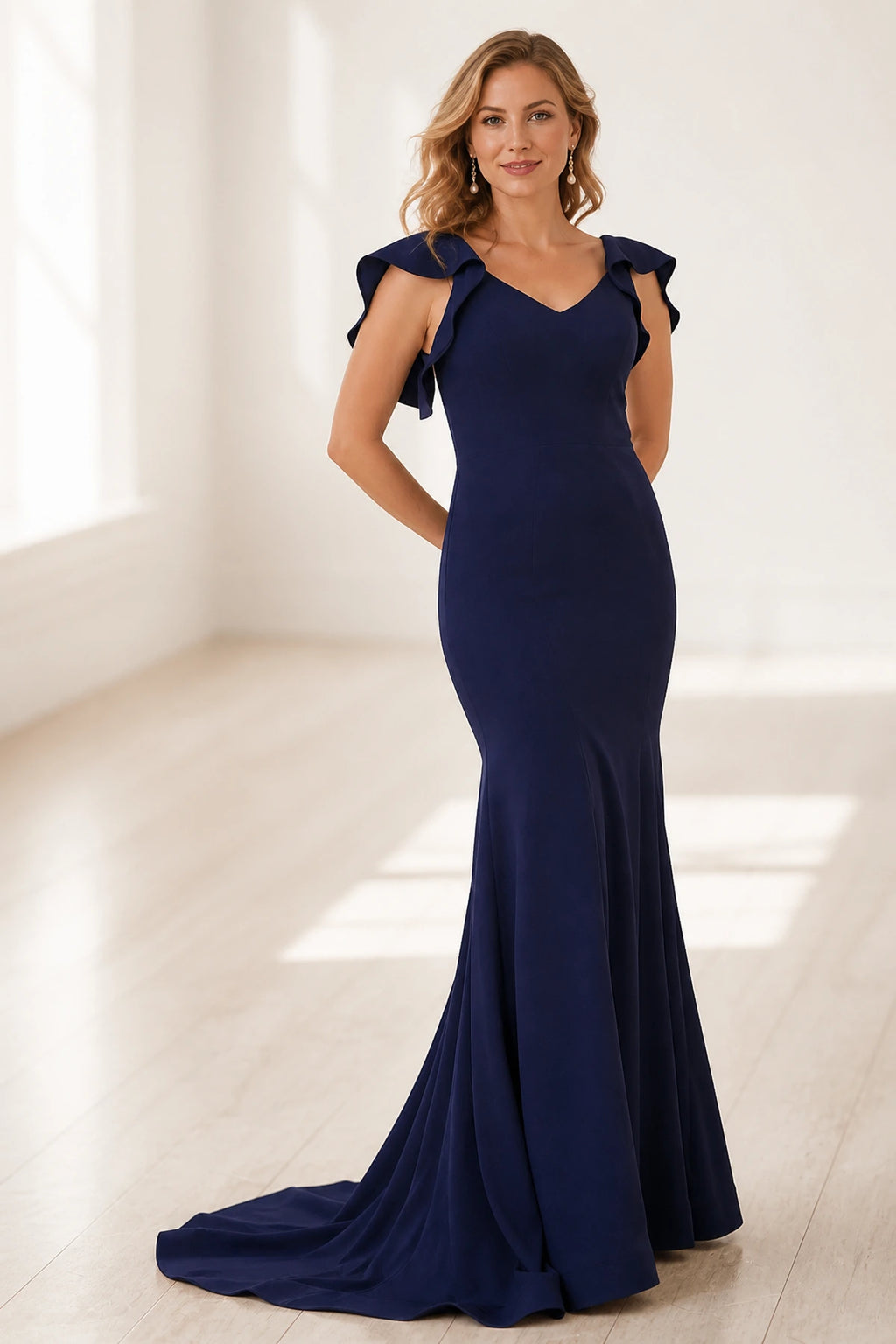 Navy mermaid V-neck flutter sleeve long Mother of the Bride dress with fitted waist and closed back, front and back view by Vedress