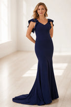 Navy mermaid V-neck flutter sleeve long Mother of the Bride dress with fitted waist and closed back, front and back view by Vedress