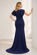 Navy mermaid V-neck flutter sleeve long Mother of the Bride dress with fitted waist and closed back, front and back view by Vedress