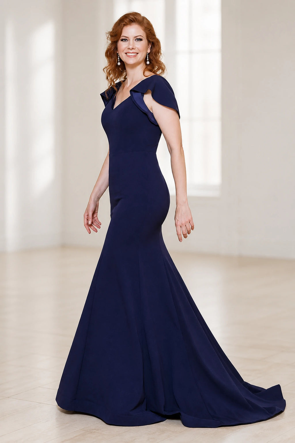 Sophisticated Mermaid V-Neck Flutter-Sleeve Closed-Back Long Mother of the Bride Dress