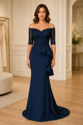 Navy Mother of the Bride Dress with off-shoulder lace bodice, half sleeves, side ruffle and floor-length mermaid silhouette front view