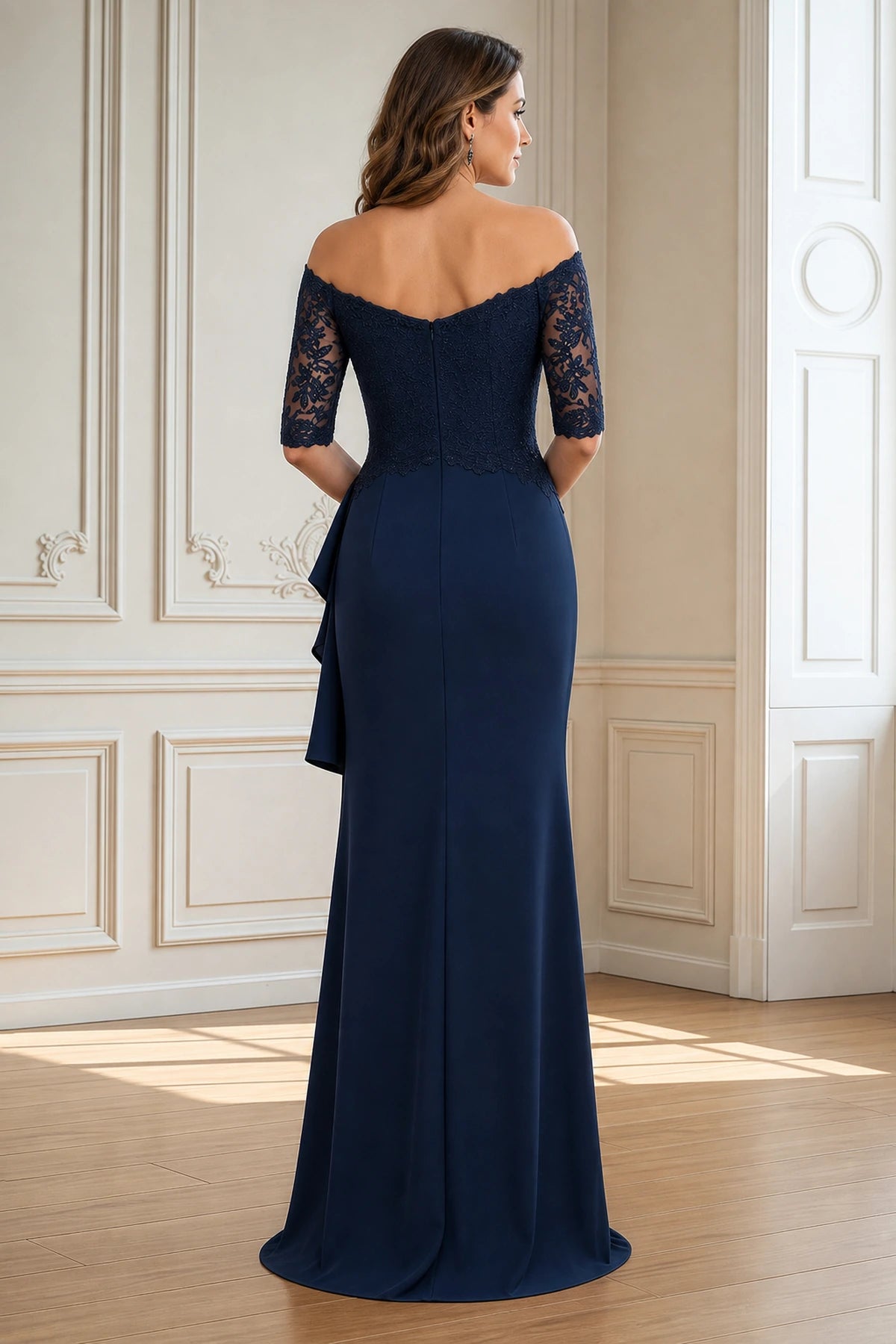 Navy floor-length Mother of the Bride Dress with off-shoulder lace back, half sleeves and center zipper back view