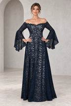 Navy off shoulder Mother of the Bride Dress with floral lace overlay bell sleeves and floor length A-line skirt