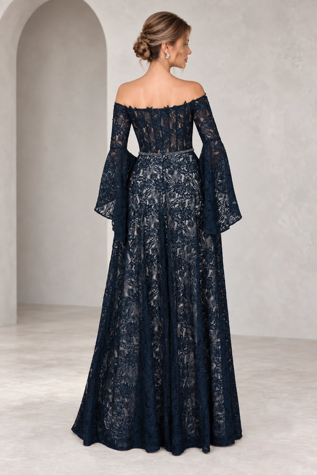 Navy Mother of the Bride Dress with illusion lace back off shoulder neckline bell sleeves and floor length A-line silhouette
