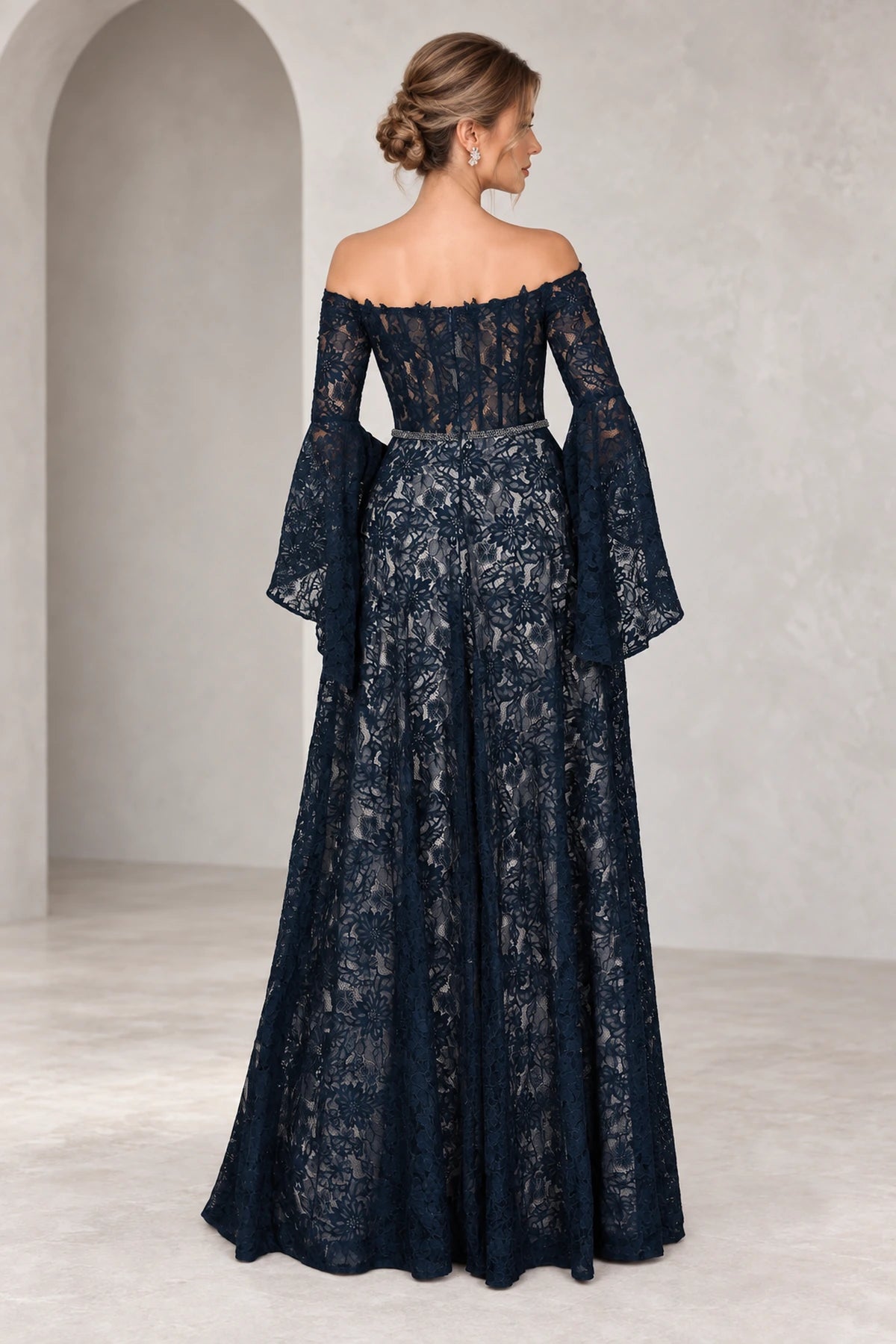 Navy Mother of the Bride Dress with illusion lace back off shoulder neckline bell sleeves and floor length A-line silhouette