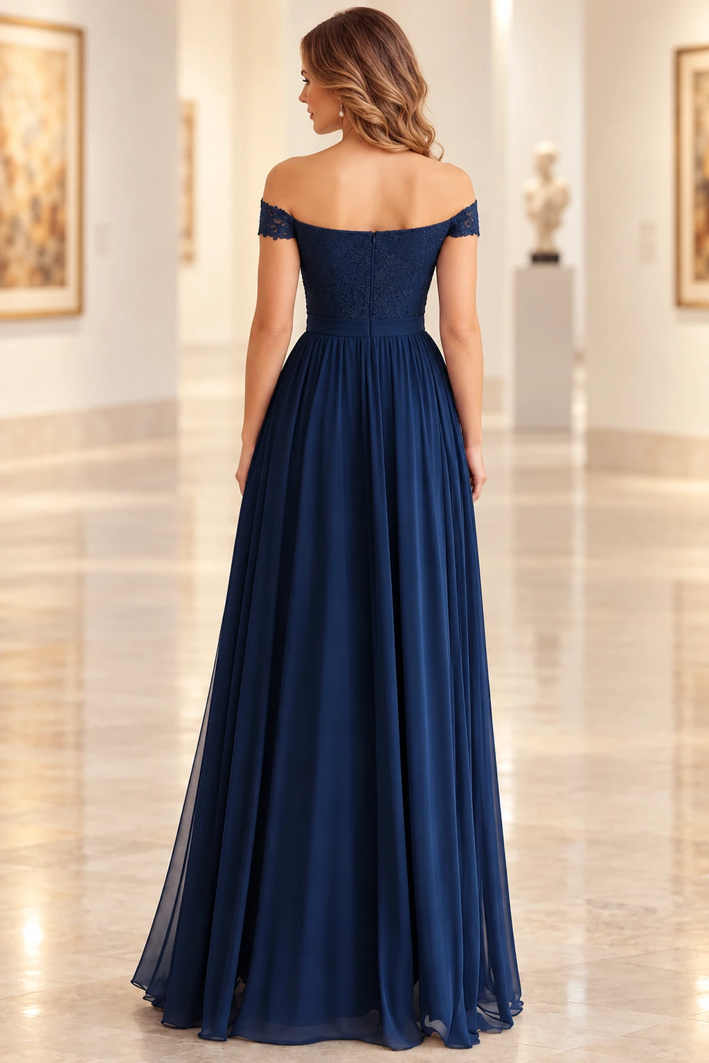 Back view of navy mother of the bride dress with off shoulder lace top and floor length chiffon skirt