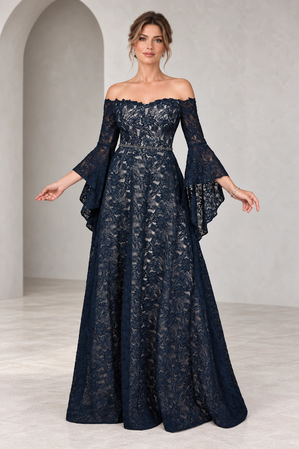 Romantic A Line Off Shoulder Bell Sleeve Illusion Back Mother of the Bride Dress