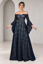Romantic A Line Off Shoulder Bell Sleeve Illusion Back Mother of the Bride Dress