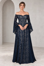 Romantic A Line Off Shoulder Bell Sleeve Illusion Back Mother of the Bride Dress
