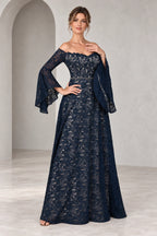 Romantic A Line Off Shoulder Bell Sleeve Illusion Back Mother of the Bride Dress