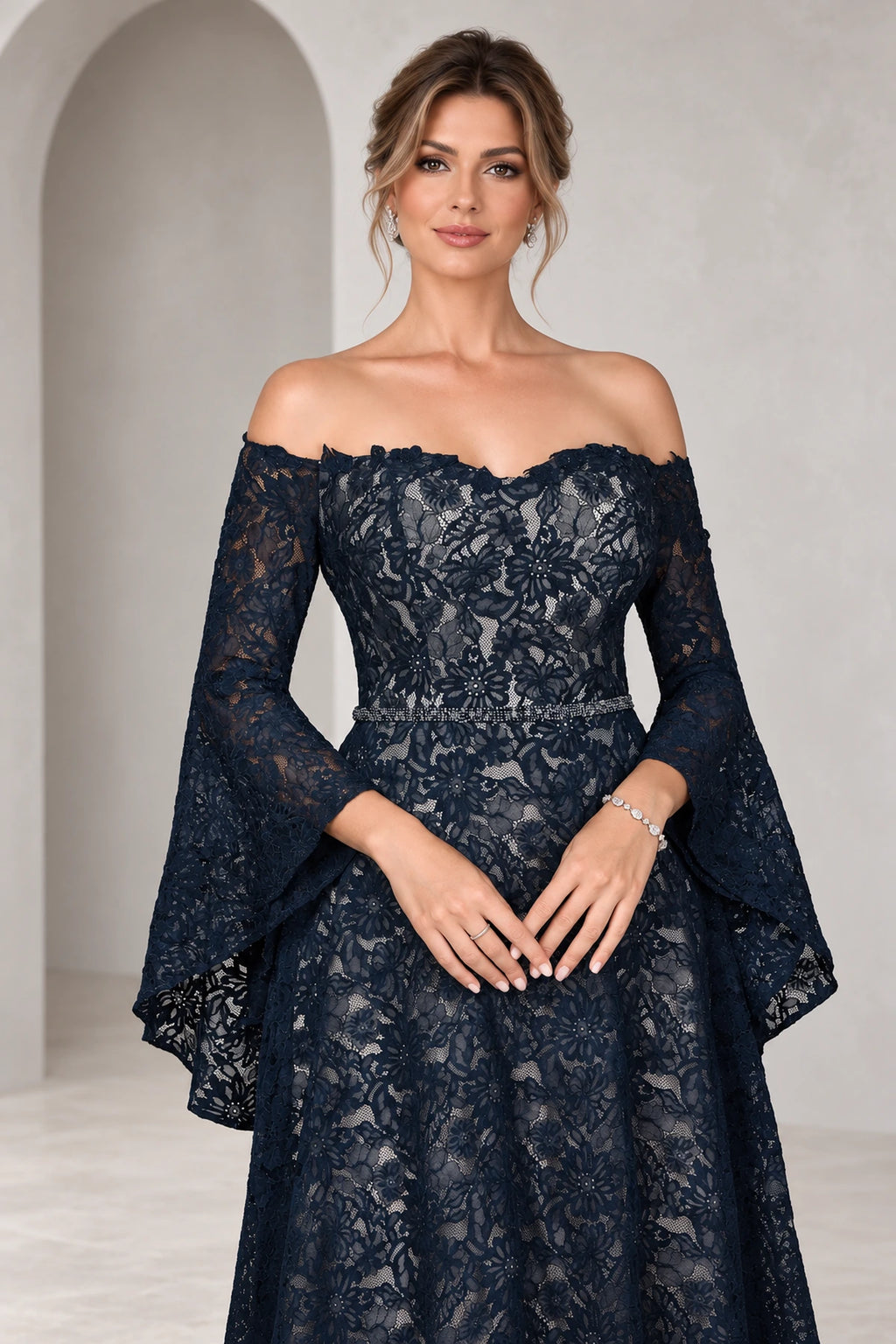 Romantic A Line Off Shoulder Bell Sleeve Illusion Back Mother of the Bride Dress