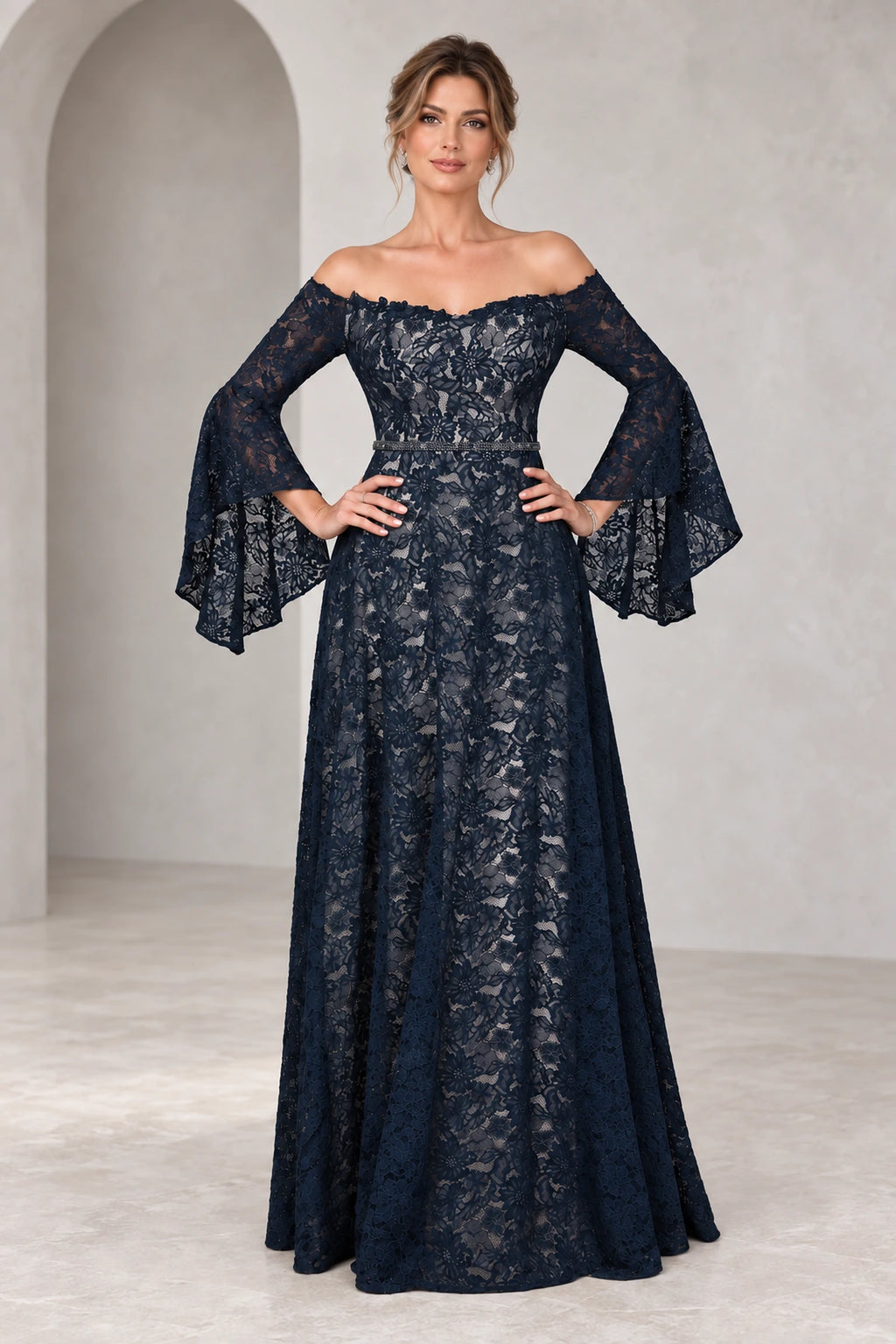 Romantic A Line Off Shoulder Bell Sleeve Illusion Back Mother of the Bride Dress