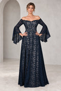 Romantic A Line Off Shoulder Bell Sleeve Illusion Back Mother of the Bride Dress