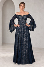 Romantic A Line Off Shoulder Bell Sleeve Illusion Back Mother of the Bride Dress