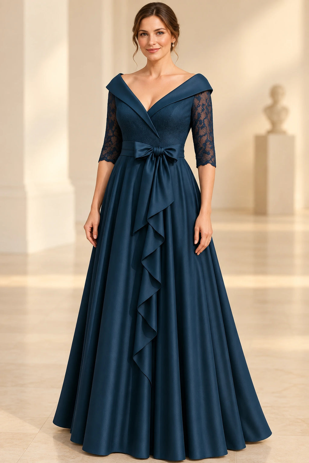 Navy mother of the bride dress with off shoulder neckline lace sleeves bow waist and long A line skirt