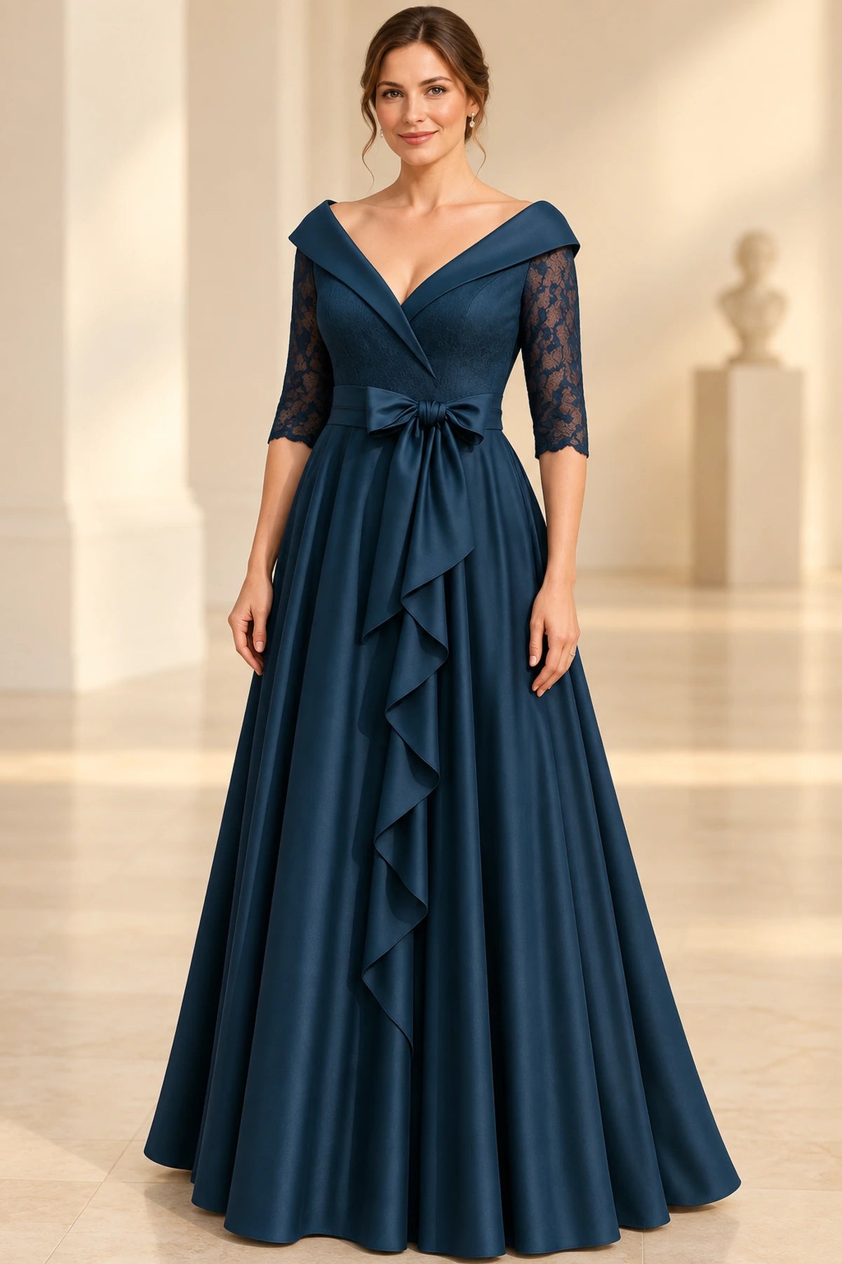 Navy mother of the bride dress with off shoulder neckline lace sleeves bow waist and long A line skirt