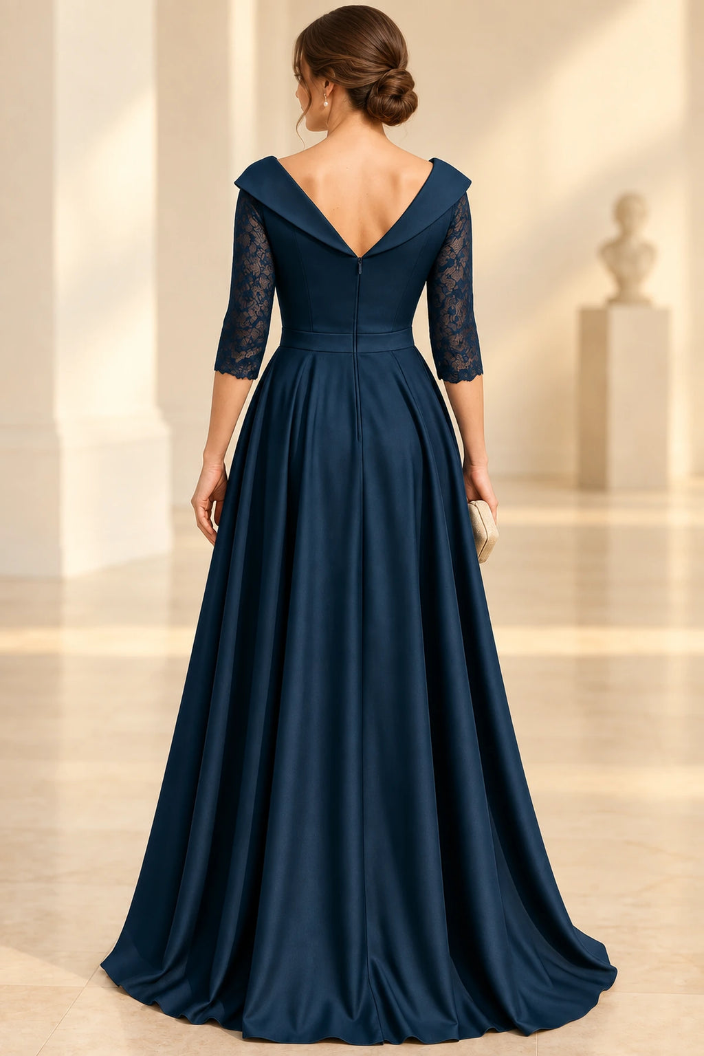 Navy mother of the bride dress with V back lace sleeves zipper closure and full floor length skirt