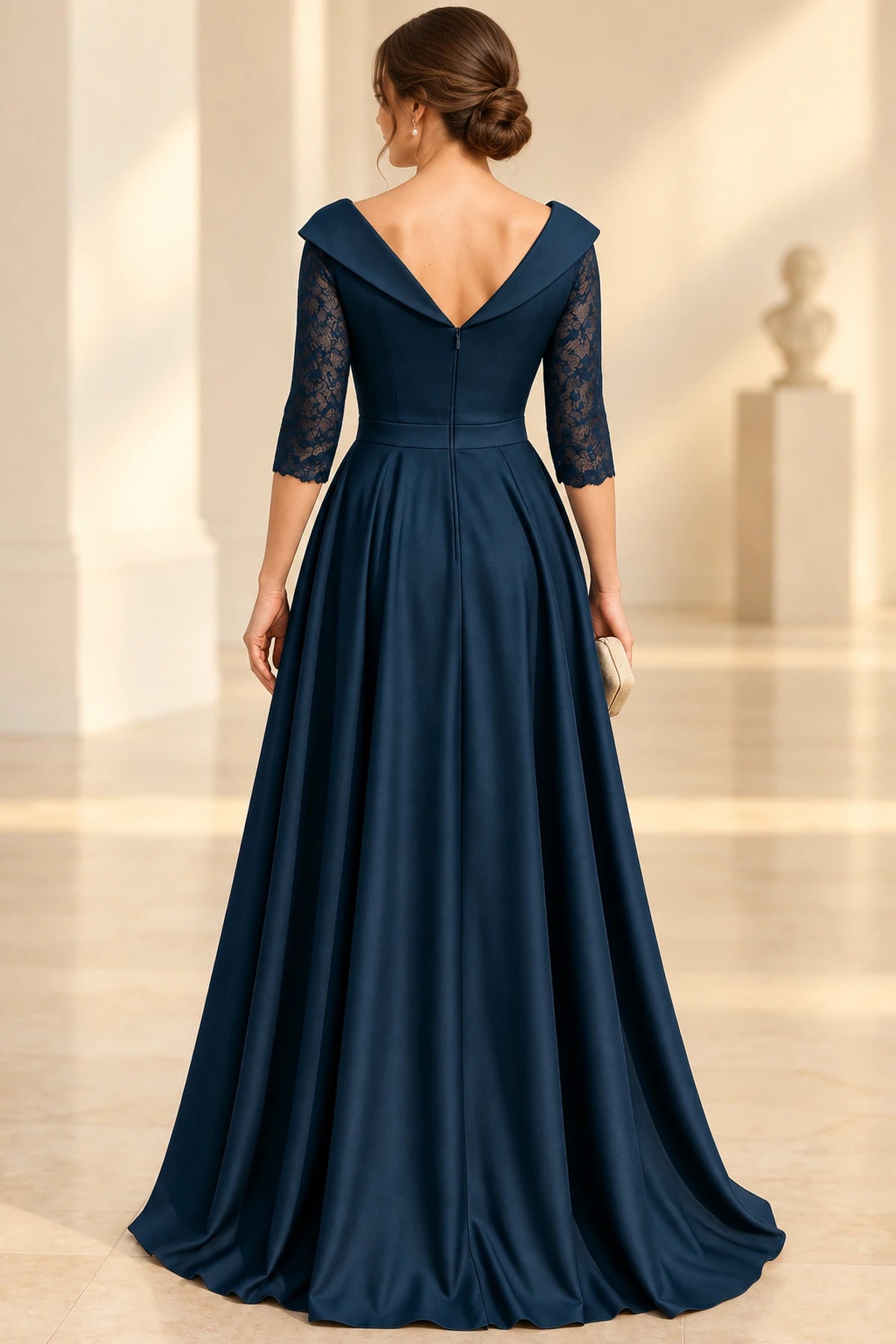 Navy mother of the bride dress with V back lace sleeves zipper closure and full floor length skirt