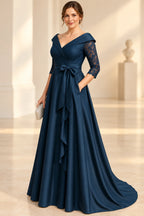 Refined A Line Off Shoulder Three Quarter Lace Sleeve V Back Long Mother of the Bride Dress