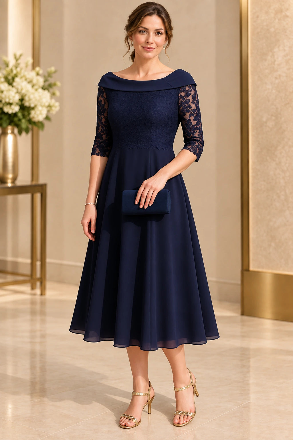 Navy mother of the bride dress with off shoulder neckline lace sleeves and tea length A line skirt