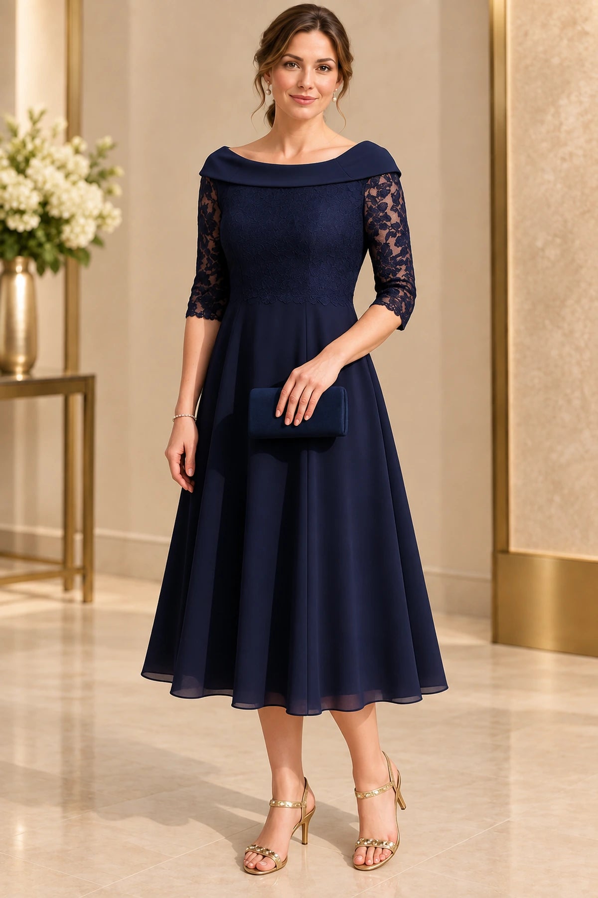 Navy mother of the bride dress with off shoulder neckline lace sleeves and tea length A line skirt