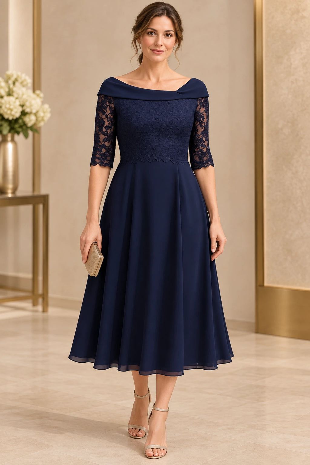 Navy mother of the bride dress with off shoulder back lace sleeves zipper closure and tea length skirt