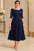 Navy mother of the bride dress with off shoulder back lace sleeves zipper closure and tea length skirt