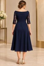 Navy mother of the bride dress with off shoulder back lace sleeves zipper closure and tea length skirt