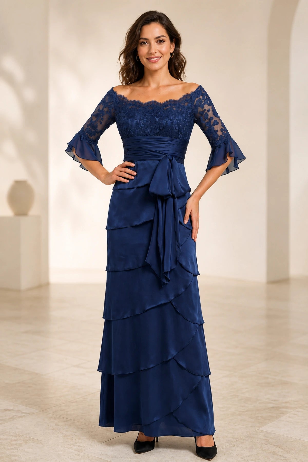 Navy off shoulder mother of the bride dress with lace bodice and tiered skirt