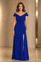 Refined Off-Shoulder Ruched Floor-Length Navy Wedding Guest Dress