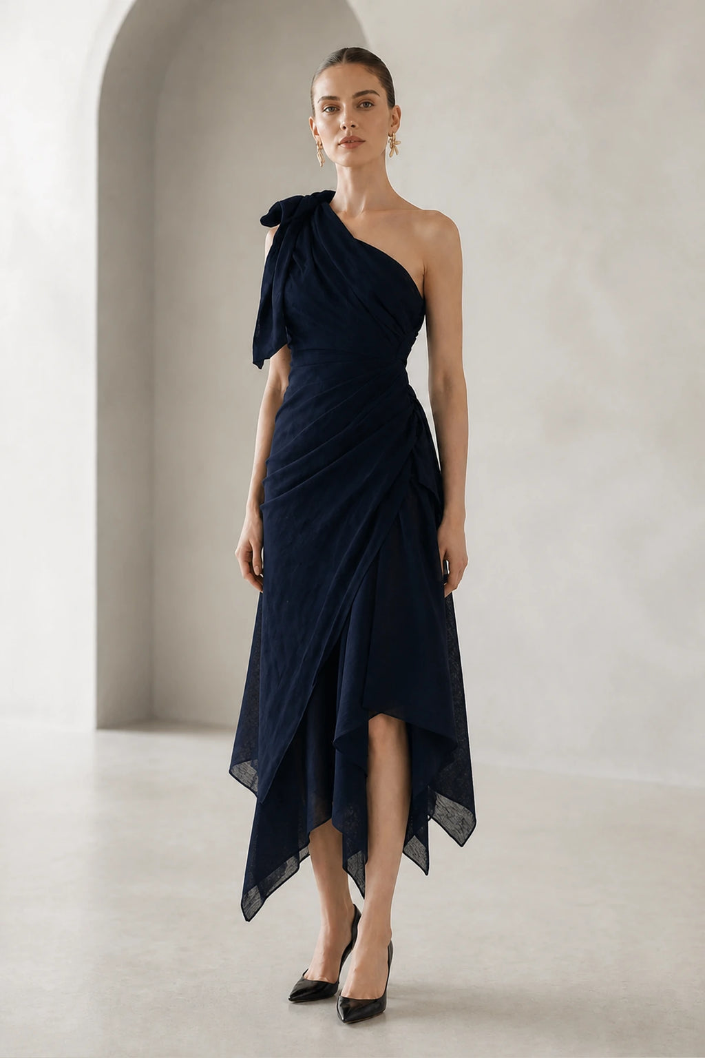 GraceProm navy one shoulder wedding guest dress with bow detail ruched waist and asymmetrical hem