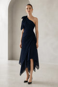 GraceProm navy one shoulder wedding guest dress with bow detail ruched waist and asymmetrical hem